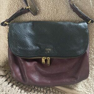 Fossil Two-Tone Pebbled Leather Crossbody in Black and Burgundy